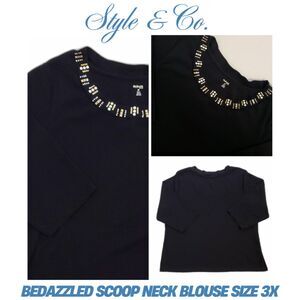 Style & Co Women Pullover Blouse Bedazzled Scoop Neckline Black 3X